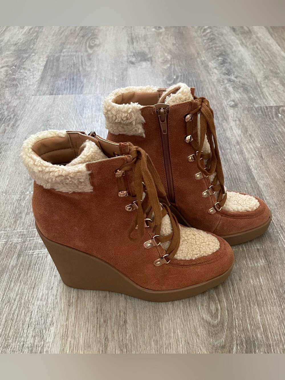 Jessica Simpson Rust Suede Wedge Boot with Cream Shearling - Picture 4 of 7